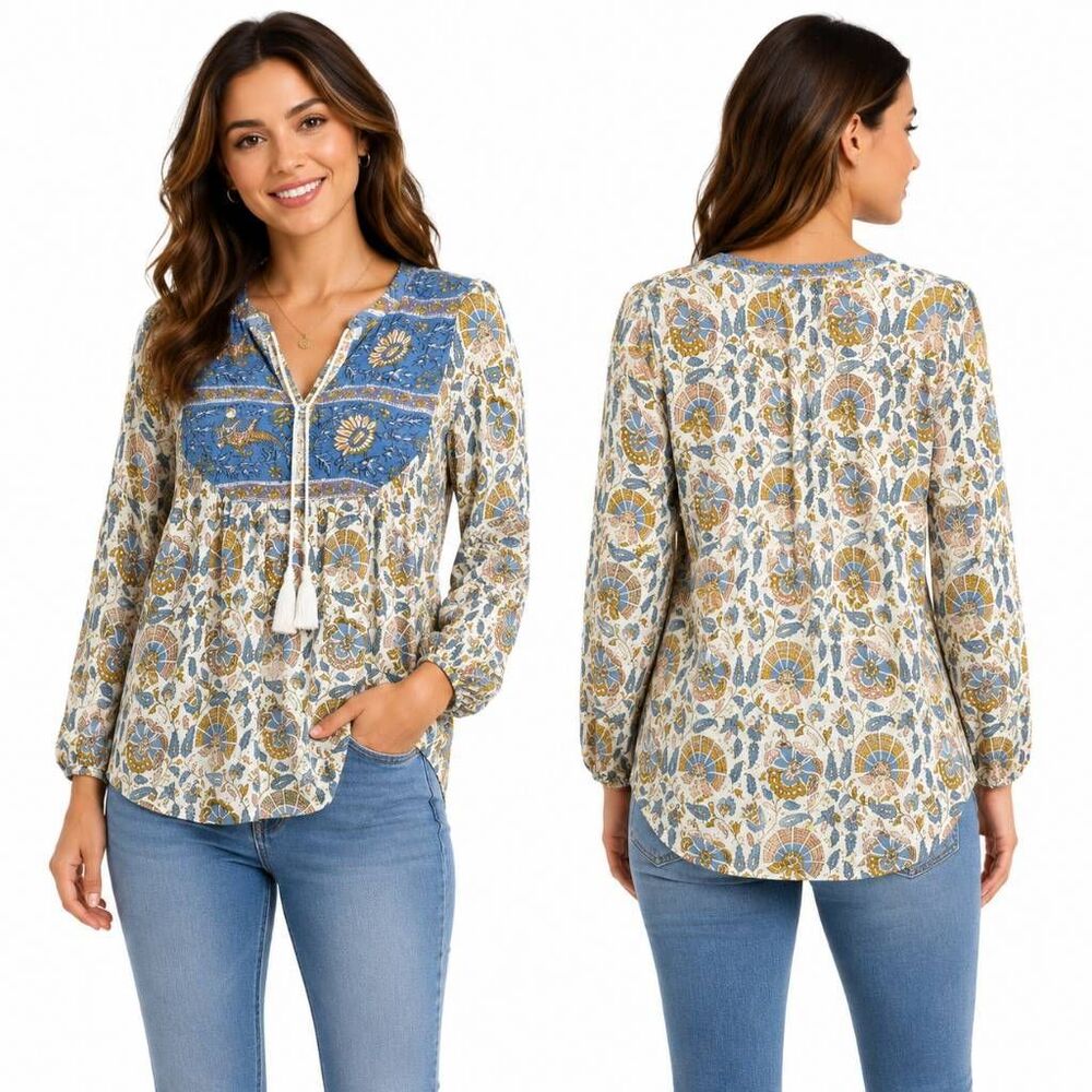 Lucky Brand Boho Floral Peasant Top XS